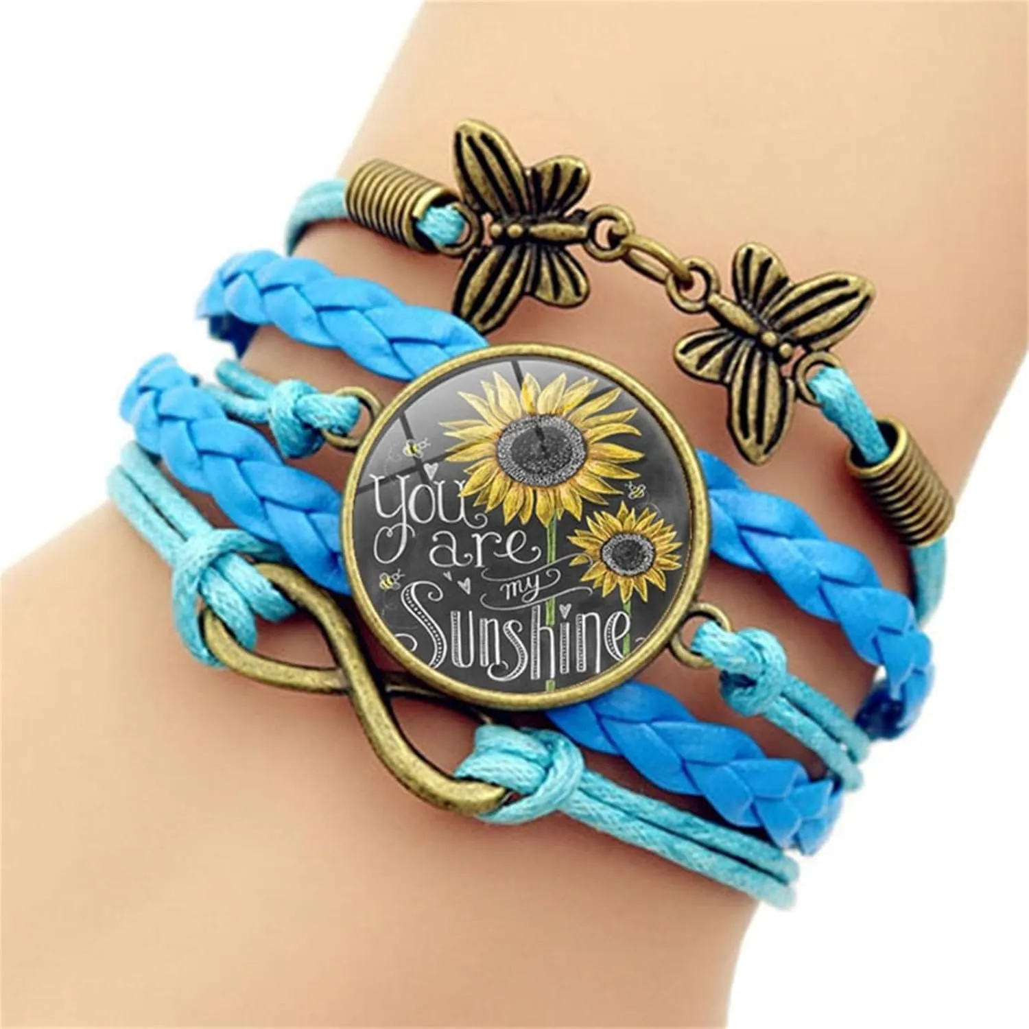 Sunflower Leather Bracelet Handmade Boho Layered Glass Sunshine Flower Infinity Love Butterfly Braided Rope Multi Strand Bracelets for Women Wife Mom Daughter Sister Friendship Birthday Jewelry Gifts