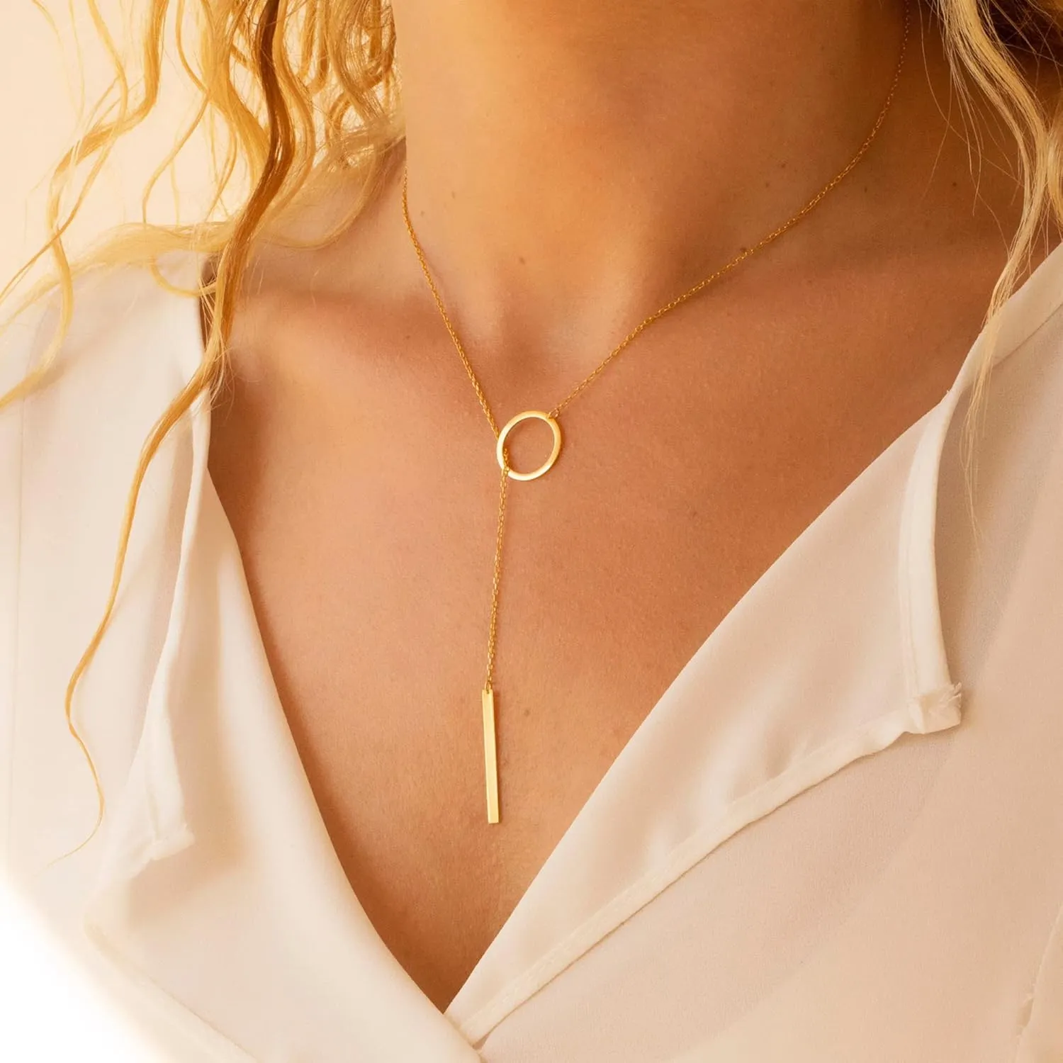Tewiky Lariat Necklace for Women, Dainty Long Necklaces with 14k Gold Plated Heart Pearl CZ Teardrop Pendant, Simple Gold Drop Y Necklace - Fashion Women's Girls' Jewelry