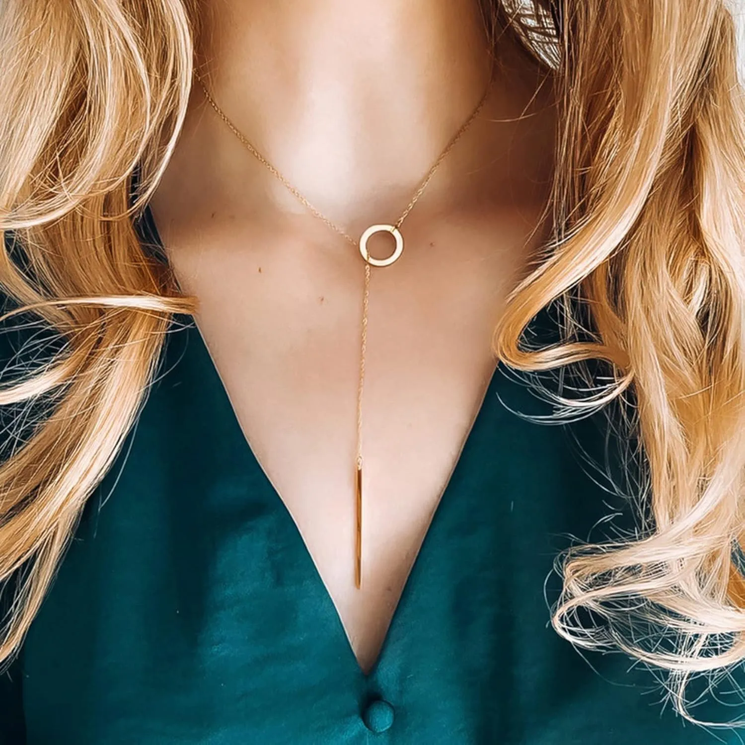 Tewiky Lariat Necklace for Women, Dainty Long Necklaces with 14k Gold Plated Heart Pearl CZ Teardrop Pendant, Simple Gold Drop Y Necklace - Fashion Women's Girls' Jewelry