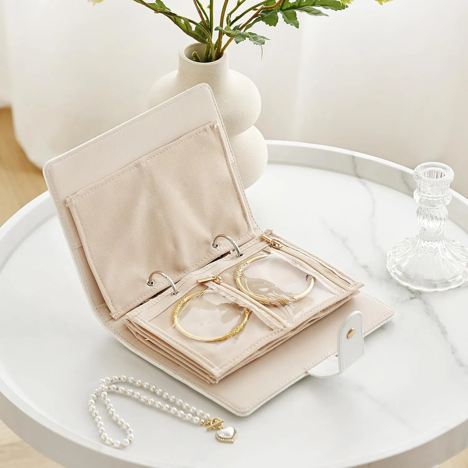 Tiita Travel Jewelry Organizer Case, Velvet Jewelry Pouches Bags with Zipper, Travel Jewelry Holder for Rings,Necklace,Earrings,or Travel Gifts for WomenCream