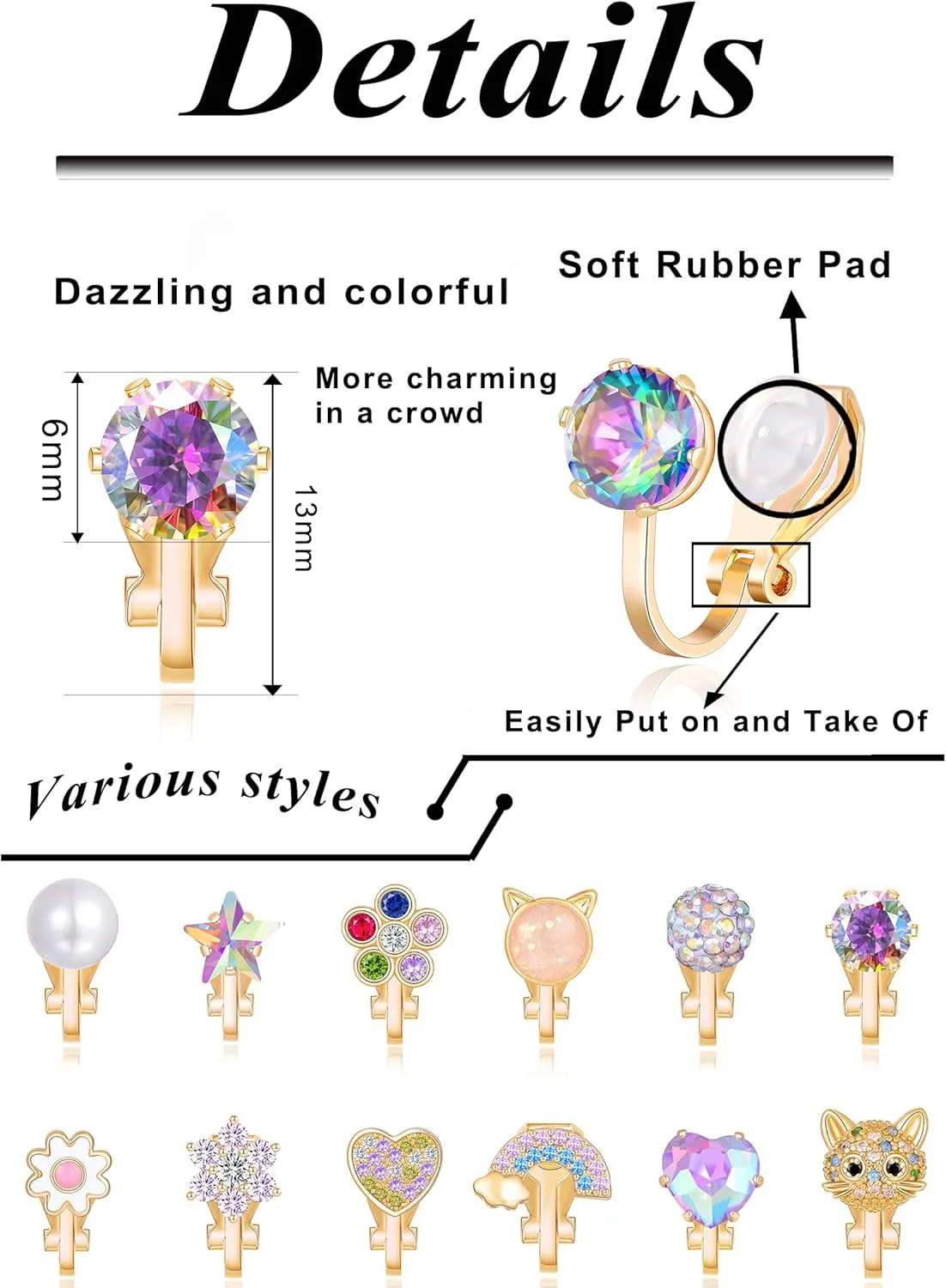 Tornito 10-15 Pairs Clip on Stud Earrings Non Pierced Teardrop Round Square CZ Pearl Twist Knot Flower Butterfly Heart Star Rainbow Cat Opal Clip on Earrings for Women Silver Gold Tone