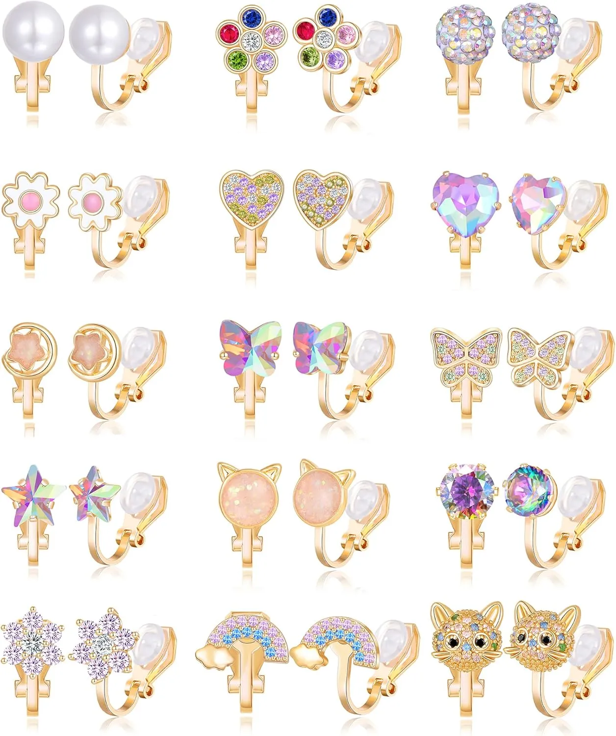 Tornito 10-15 Pairs Clip on Stud Earrings Non Pierced Teardrop Round Square CZ Pearl Twist Knot Flower Butterfly Heart Star Rainbow Cat Opal Clip on Earrings for Women Silver Gold Tone