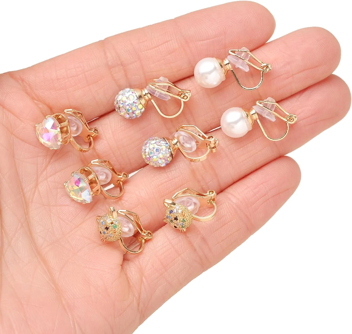 Tornito 10-15 Pairs Clip on Stud Earrings Non Pierced Teardrop Round Square CZ Pearl Twist Knot Flower Butterfly Heart Star Rainbow Cat Opal Clip on Earrings for Women Silver Gold Tone