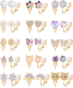 Tornito 10-15 Pairs Clip on Stud Earrings Non Pierced Teardrop Round Square CZ Pearl Twist Knot Flower Butterfly Heart Star Rainbow Cat Opal Clip on Earrings for Women Silver Gold Tone
