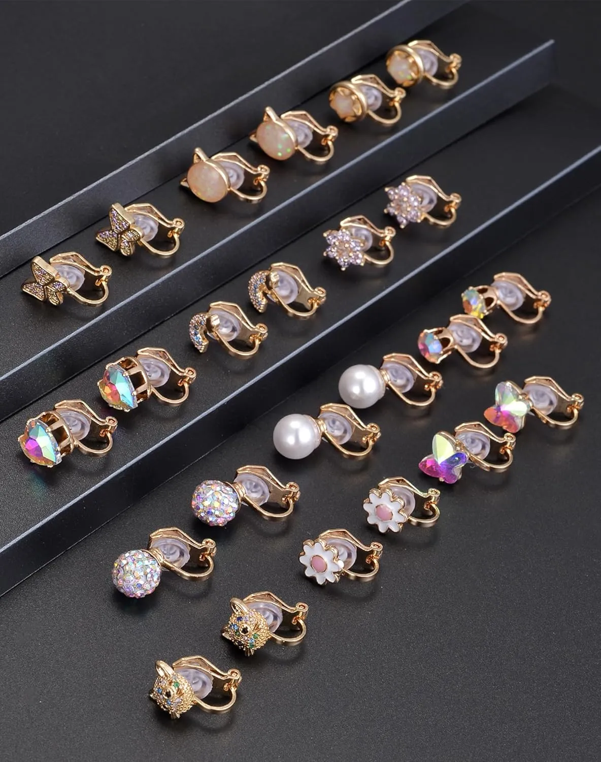 Tornito 10-15 Pairs Clip on Stud Earrings Non Pierced Teardrop Round Square CZ Pearl Twist Knot Flower Butterfly Heart Star Rainbow Cat Opal Clip on Earrings for Women Silver Gold Tone