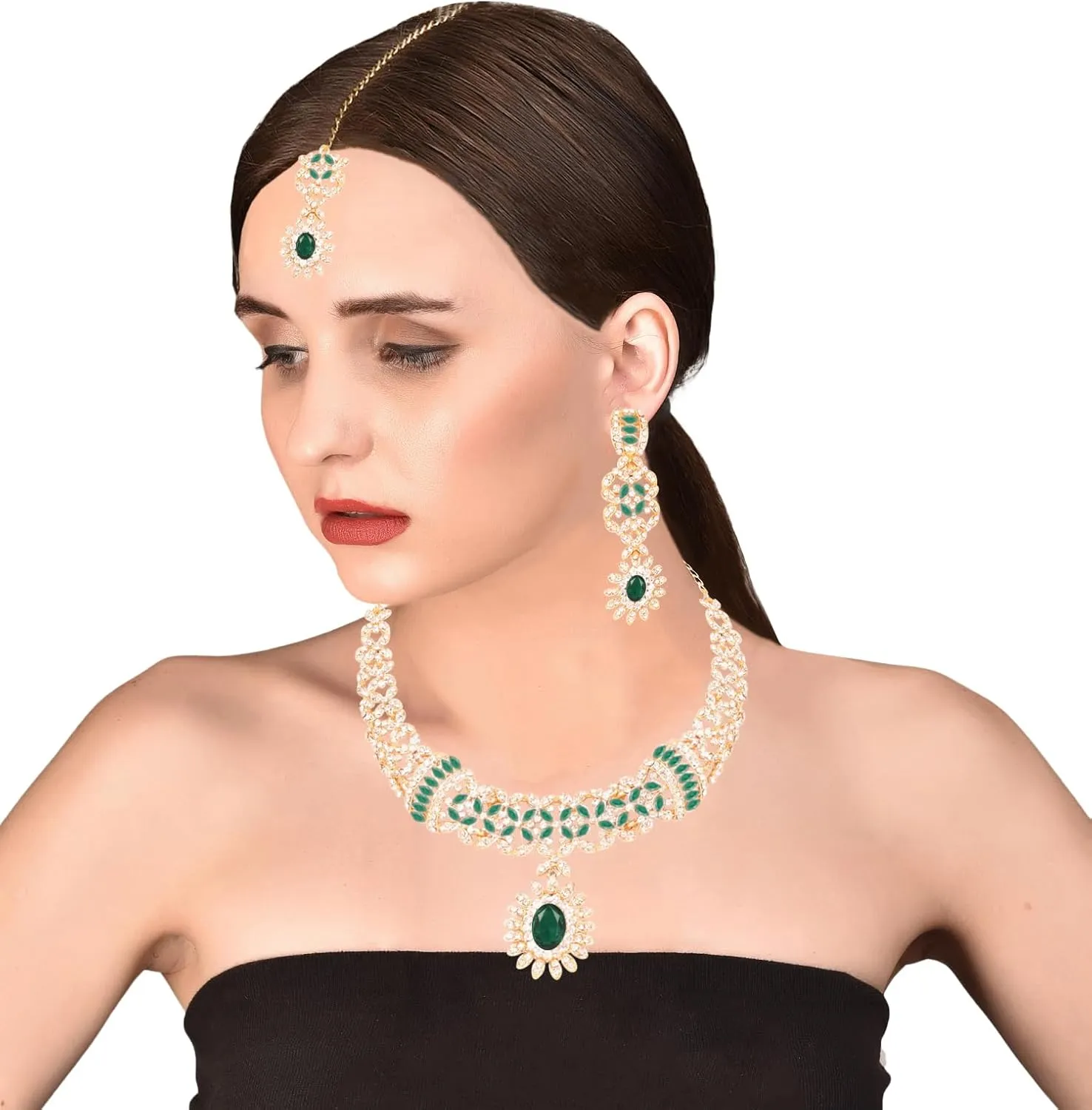 Touchstone Indian jewelry sets for women bollywood wedding kundan necklaces and punjabi look designer party jewellery set light bridal tikka simple design in gold or silver or white tone for women.