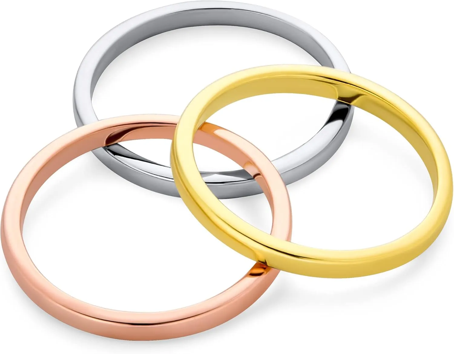 Tri Color Simple Stacking Couples Polished Three Triple Wedding Band Ring Set For Women Men 14K Yellow Rose Gold Plated .925 Sterling Silver
