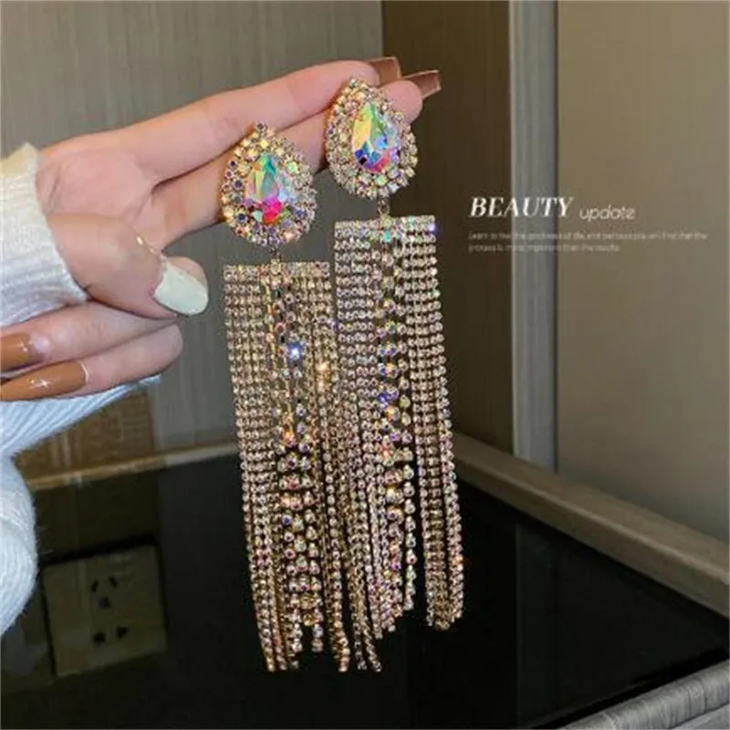 Trina Black Gold Color Water Drop Crystal Earrings Oversize Long Tassel Rhinestone
