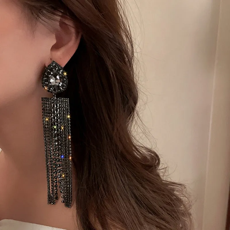 Trina Black Gold Color Water Drop Crystal Earrings Oversize Long Tassel Rhinestone