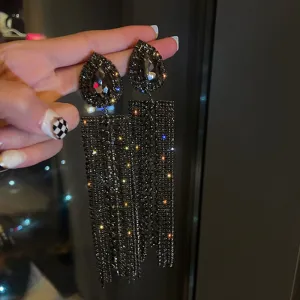 Trina Black Gold Color Water Drop Crystal Earrings Oversize Long Tassel Rhinestone