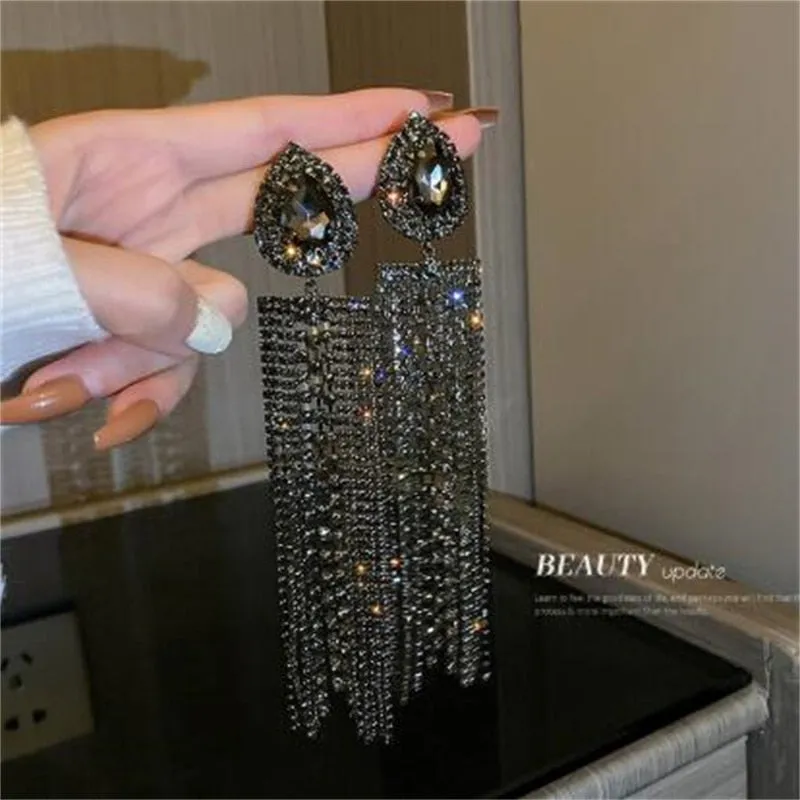Trina Black Gold Color Water Drop Crystal Earrings Oversize Long Tassel Rhinestone