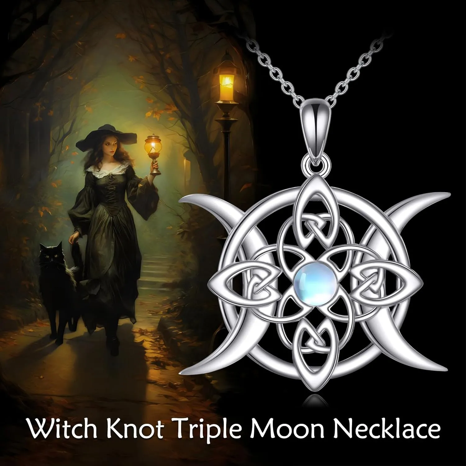 Triple Moon Goddess/Witches Knot/Celtic Knot/Moon Phases Sterling Silver Moonstone Pendant Necklace Gifts For Women