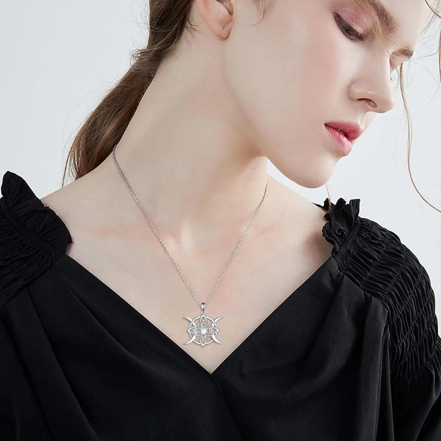Triple Moon Goddess/Witches Knot/Celtic Knot/Moon Phases Sterling Silver Moonstone Pendant Necklace Gifts For Women