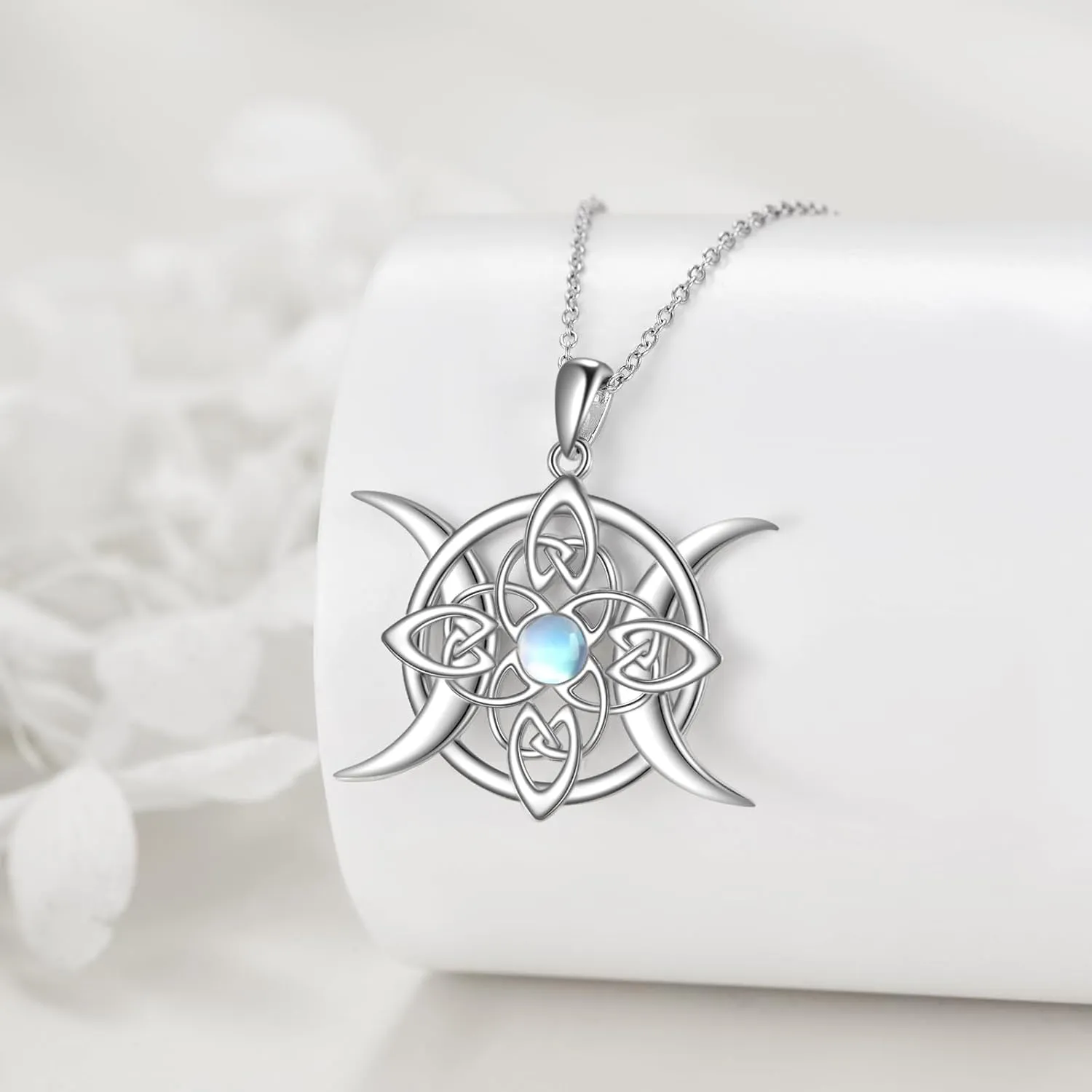 Triple Moon Goddess/Witches Knot/Celtic Knot/Moon Phases Sterling Silver Moonstone Pendant Necklace Gifts For Women