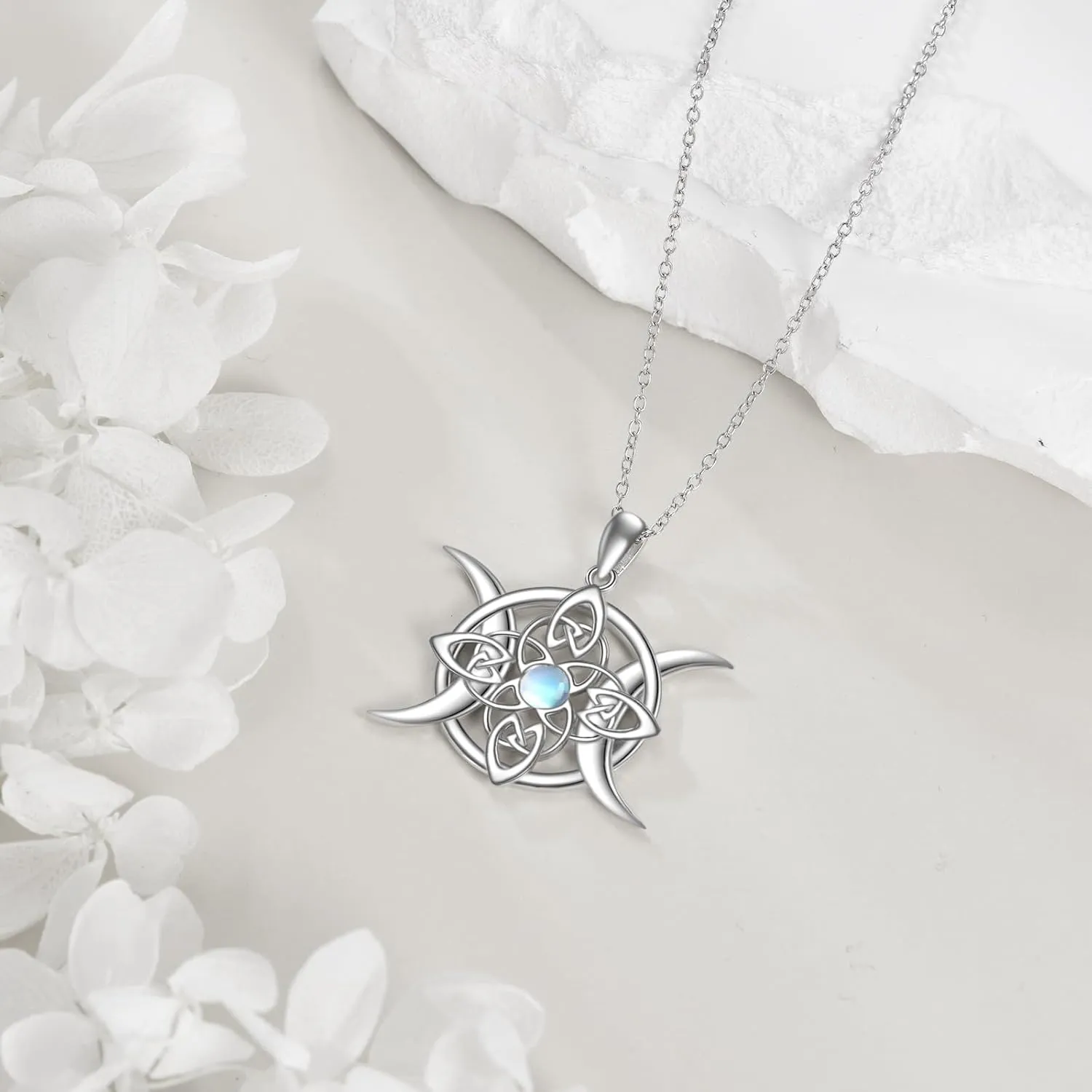 Triple Moon Goddess/Witches Knot/Celtic Knot/Moon Phases Sterling Silver Moonstone Pendant Necklace Gifts For Women