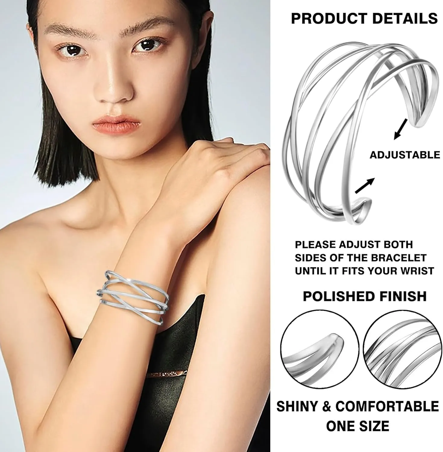 Twisted Cuff Bangle Bracelet for Women Trendy Multi-layer Wire Warp Bangle Bracelet Adjustable Wide Open Chunky Cuff Bracelet, Gold & Rose Gold & Silver