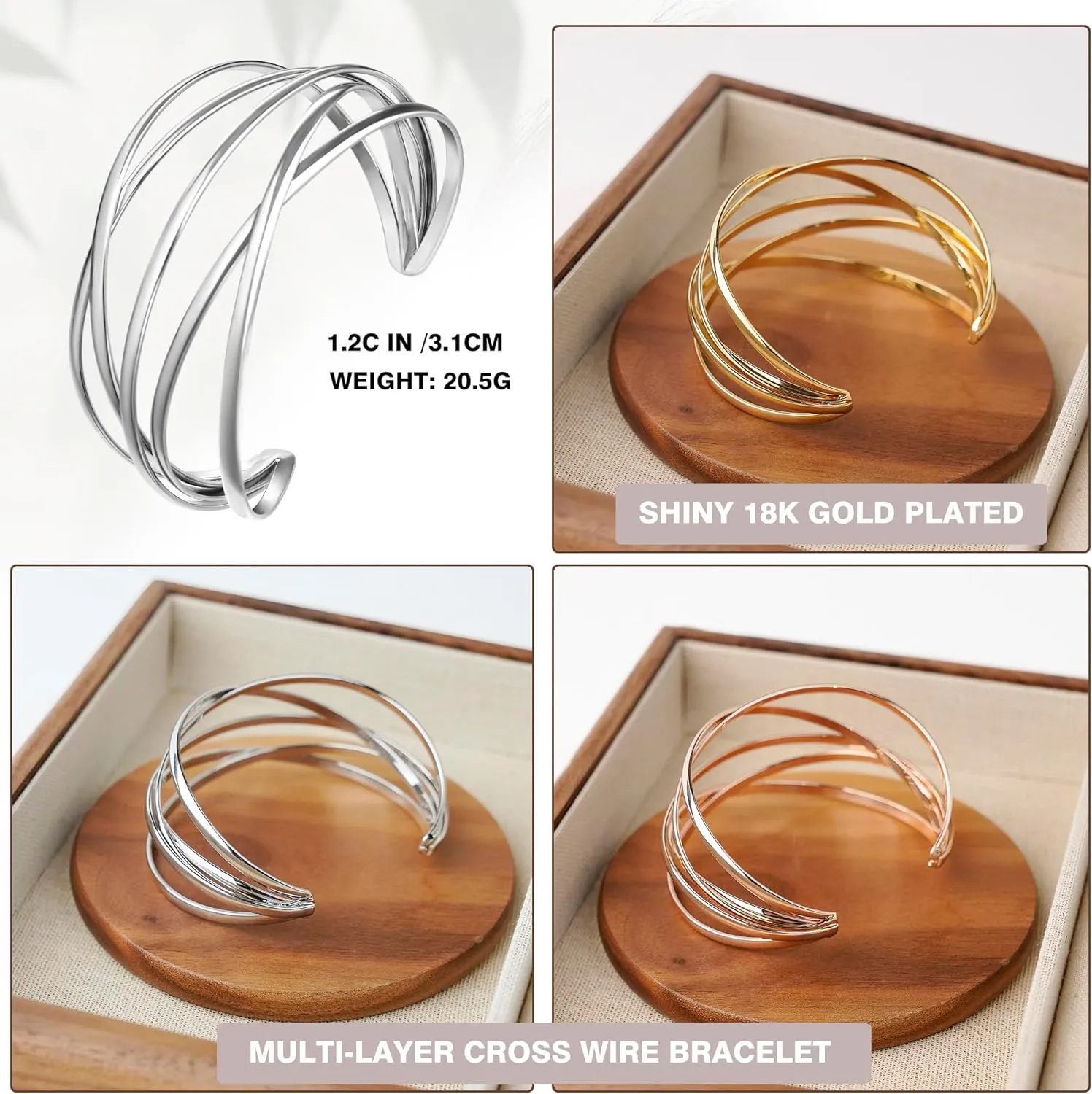 Twisted Cuff Bangle Bracelet for Women Trendy Multi-layer Wire Warp Bangle Bracelet Adjustable Wide Open Chunky Cuff Bracelet, Gold & Rose Gold & Silver