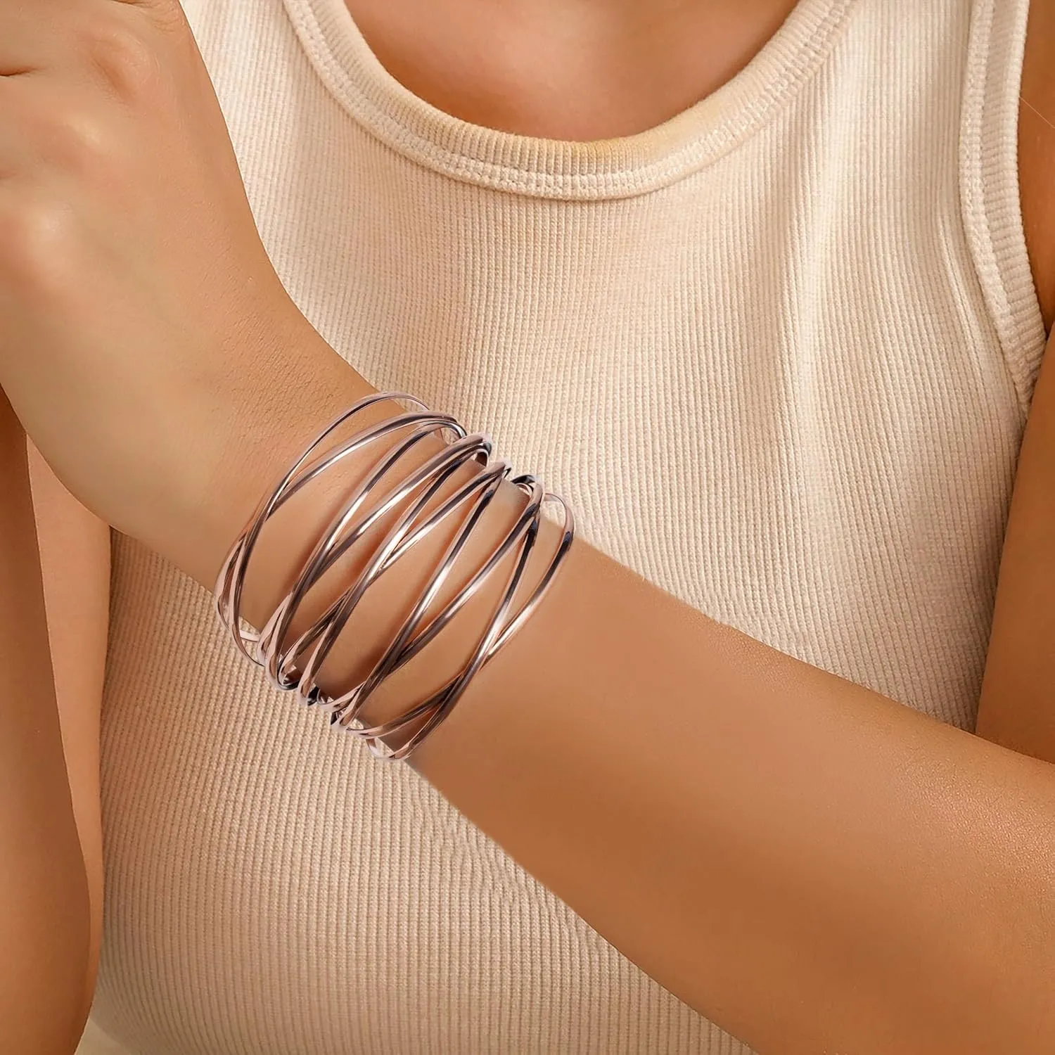 Twisted Cuff Bangle Bracelet for Women Trendy Multi-layer Wire Warp Bangle Bracelet Adjustable Wide Open Chunky Cuff Bracelet, Gold & Rose Gold & Silver