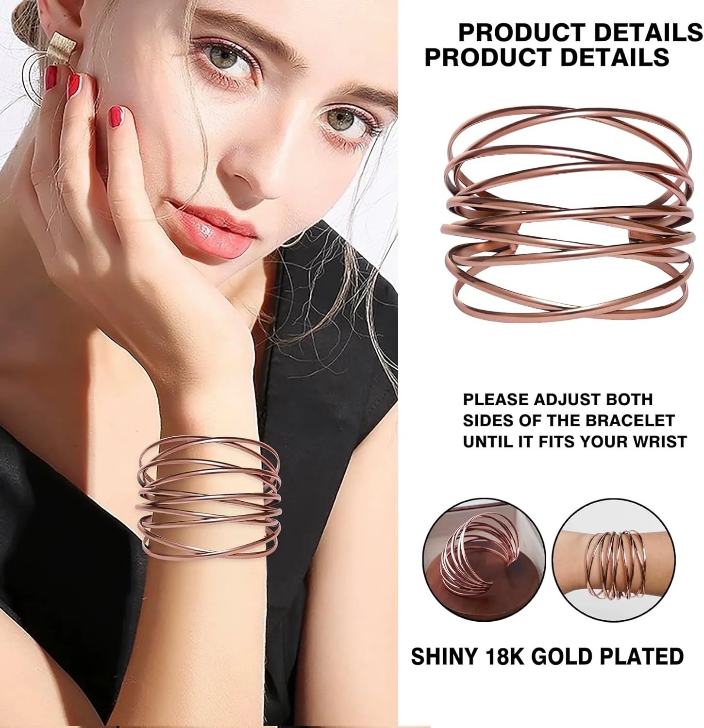 Twisted Cuff Bangle Bracelet for Women Trendy Multi-layer Wire Warp Bangle Bracelet Adjustable Wide Open Chunky Cuff Bracelet, Gold & Rose Gold & Silver