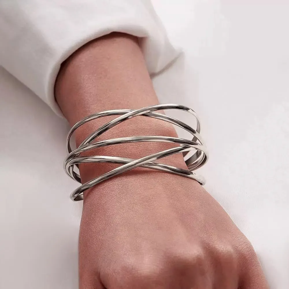 Twisted Cuff Bangle Bracelet for Women Trendy Multi-layer Wire Warp Bangle Bracelet Adjustable Wide Open Chunky Cuff Bracelet, Gold & Rose Gold & Silver