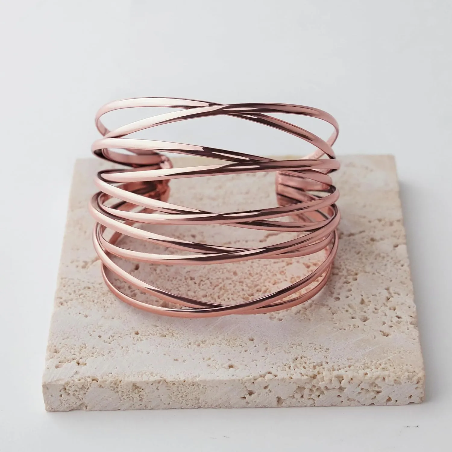 Twisted Cuff Bangle Bracelet for Women Trendy Multi-layer Wire Warp Bangle Bracelet Adjustable Wide Open Chunky Cuff Bracelet, Gold & Rose Gold & Silver
