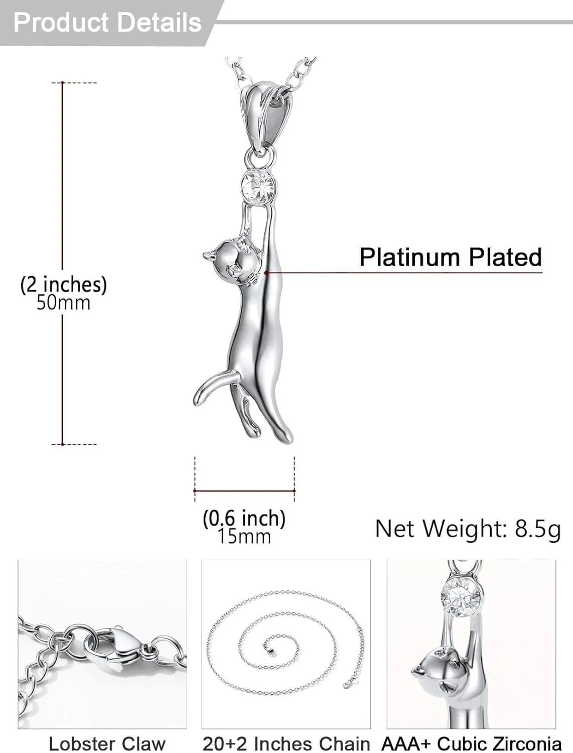 U7 Cat Pendant Necklace for Women Stainless Steel Cute Kitty Cat Jewelry Gift