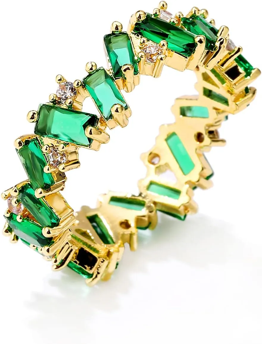 UILZ Green Cubic Zirconia Engagement Wedding Rings for Women Girls,Stackable Emerald Green Gold Rings for Women Brides Bridesmaid, Rhinestone Statement Ring Christmas Party Prom Jewelry