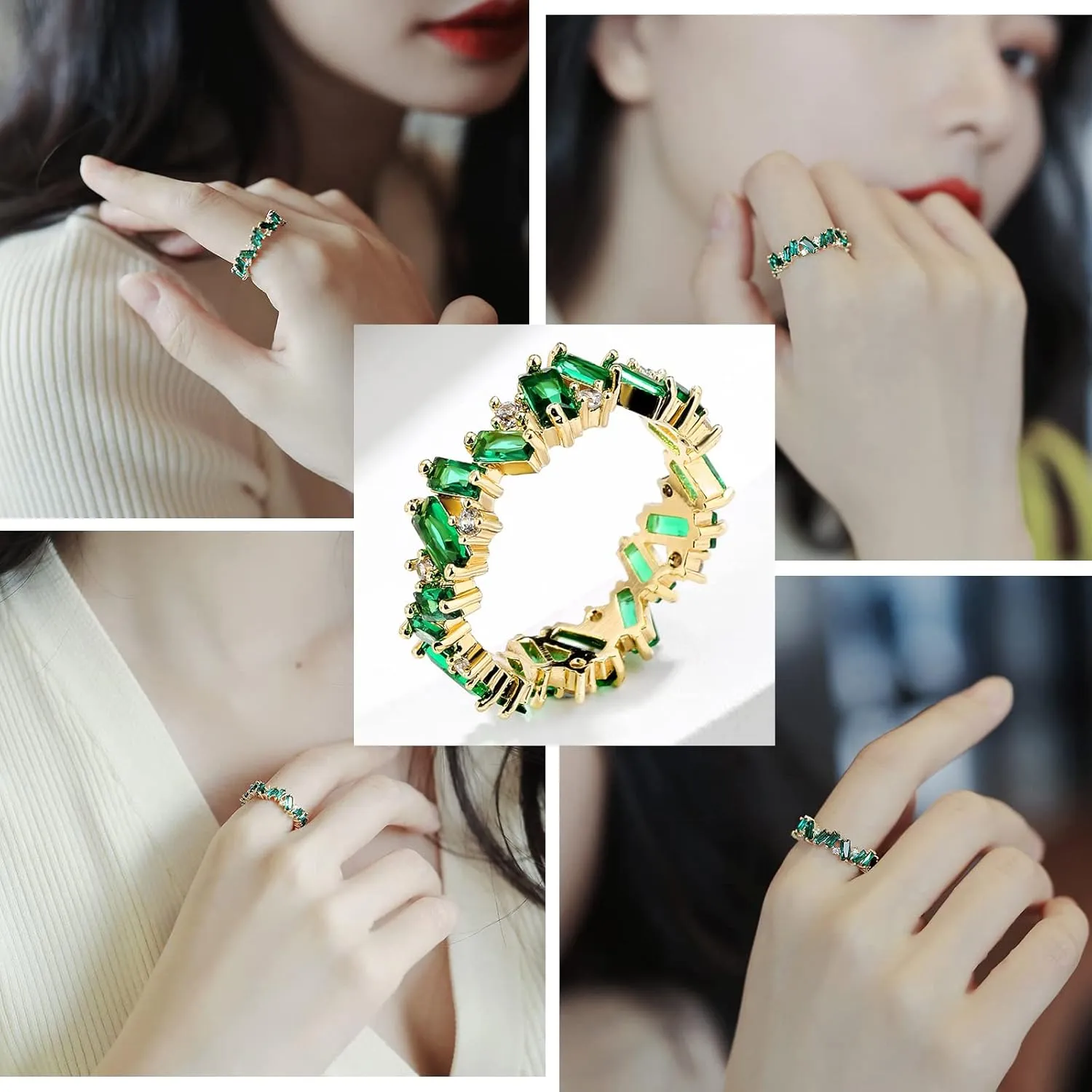 UILZ Green Cubic Zirconia Engagement Wedding Rings for Women Girls,Stackable Emerald Green Gold Rings for Women Brides Bridesmaid, Rhinestone Statement Ring Christmas Party Prom Jewelry