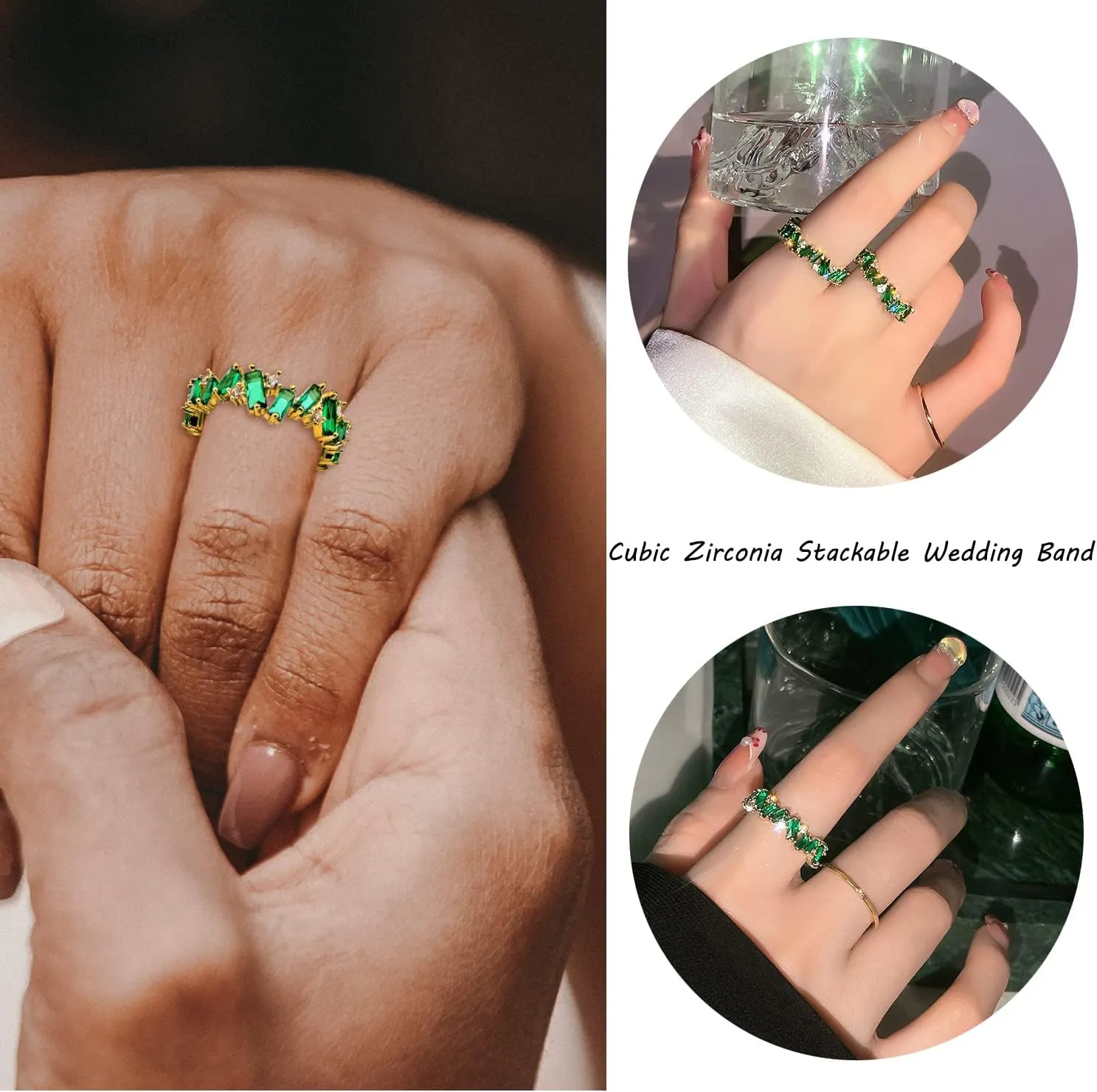UILZ Green Cubic Zirconia Engagement Wedding Rings for Women Girls,Stackable Emerald Green Gold Rings for Women Brides Bridesmaid, Rhinestone Statement Ring Christmas Party Prom Jewelry