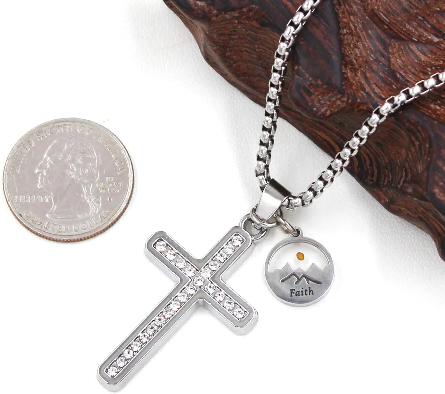 Uloveido Stainless Steel Cross Faith Pendant Necklace, Cubic Zirconia Pave-Setting, Heart Mustard Seed Pendants Y917