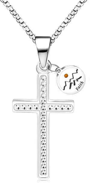Uloveido Stainless Steel Cross Faith Pendant Necklace, Cubic Zirconia Pave-Setting, Heart Mustard Seed Pendants Y917
