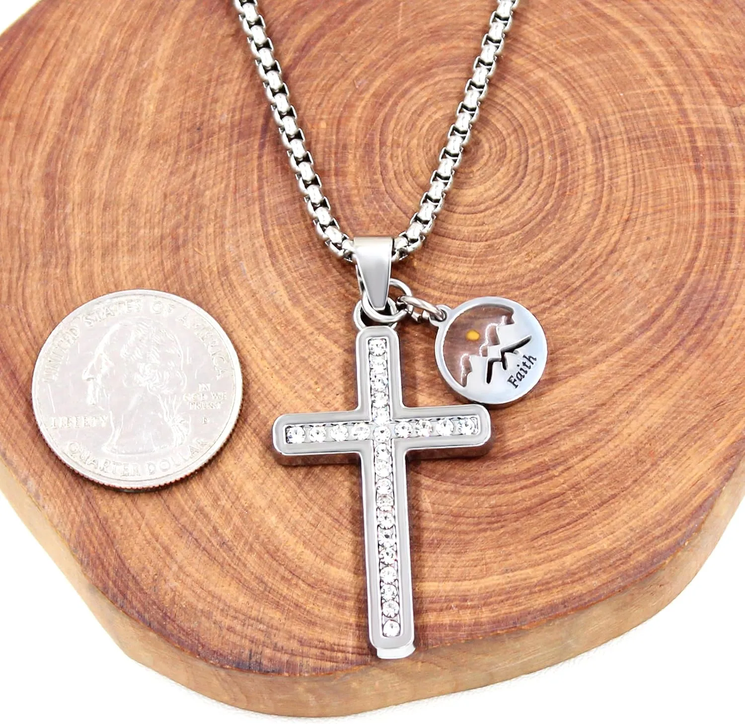 Uloveido Stainless Steel Cross Faith Pendant Necklace, Cubic Zirconia Pave-Setting, Heart Mustard Seed Pendants Y917