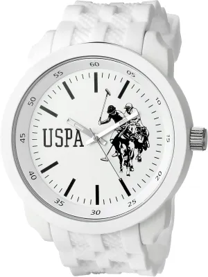 U.S. Polo Assn. Mens White Sport Watch with Silicone Strap, 50mm Case, Analog Quartz Movement, Bold Dial, Box Included, Adjustable Fit 5.5"8.25"