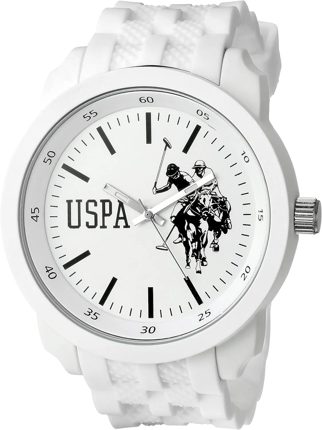 U.S. Polo Assn. Mens White Sport Watch with Silicone Strap, 50mm Case, Analog Quartz Movement, Bold Dial, Box Included, Adjustable Fit 5.5"8.25"