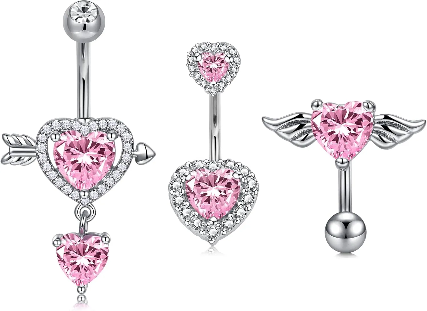 VCMART Belly Button Ring Belly Button Piercing Pink Heart Diamond Belly Rings for Women Surgical Steel Belly Piercing Jewelry 14G 10mm Silver