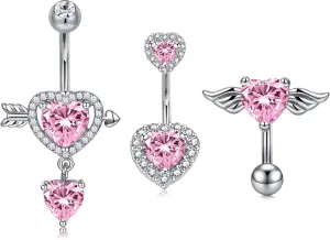 VCMART Belly Button Ring Belly Button Piercing Pink Heart Diamond Belly Rings for Women Surgical Steel Belly Piercing Jewelry 14G 10mm Silver