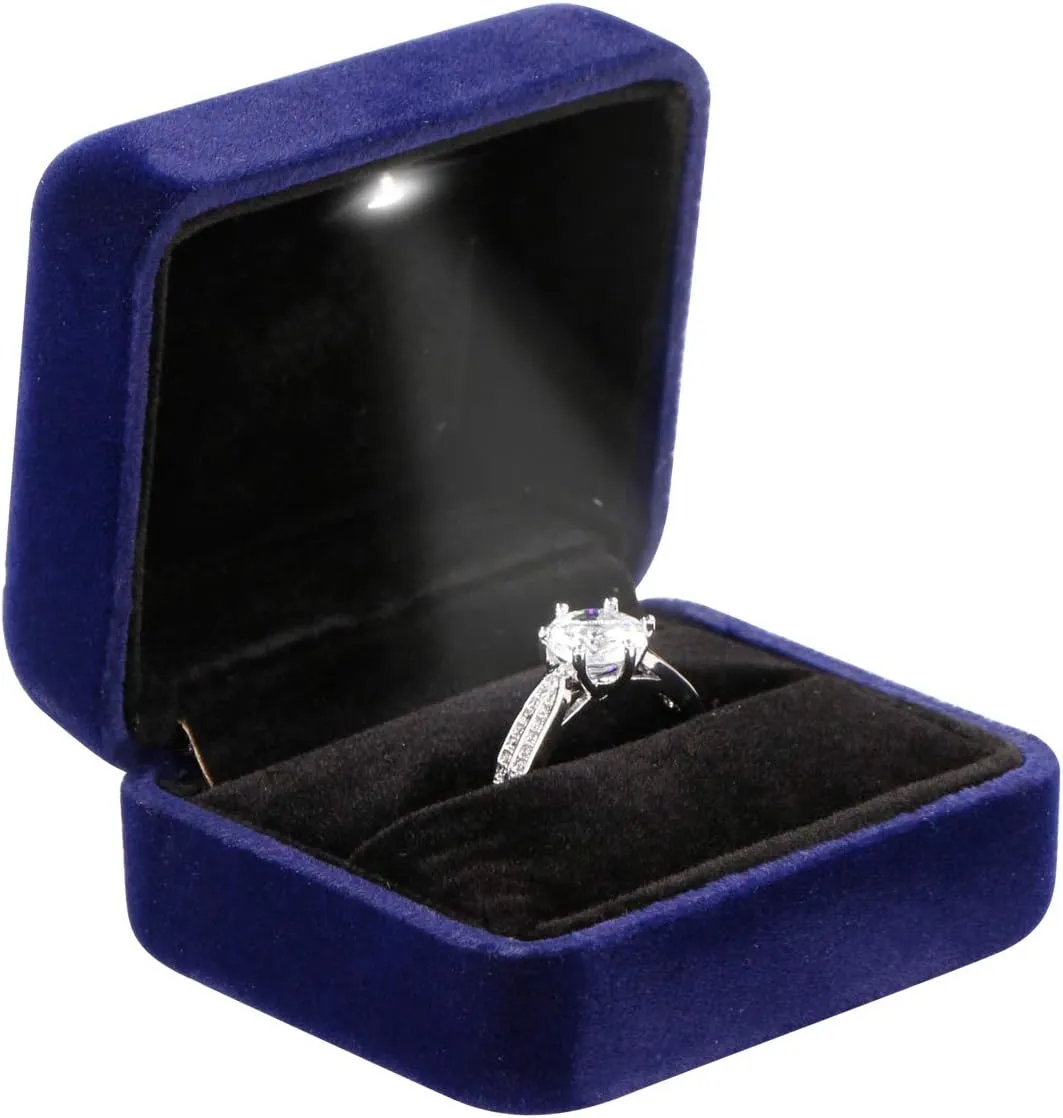 Velvet Metal Glossy with LED Jewelry Gift Box for Proposal, Engagement, Wedding - Easy to fit into Your Pocket or Handbag - Blue