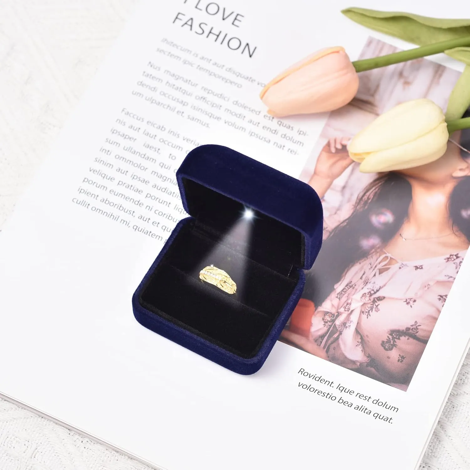 Velvet Metal Glossy with LED Jewelry Gift Box for Proposal, Engagement, Wedding - Easy to fit into Your Pocket or Handbag - Blue