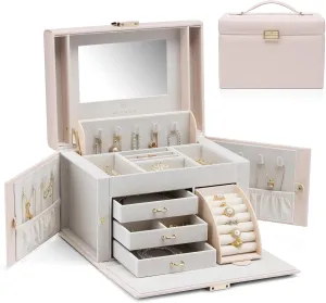 Vlando Mirrored Jewelry Box Organizer, Leather Jewelry Storage Case, Necklaces Earrings Rings Brackets Box Holder, Pink Beige