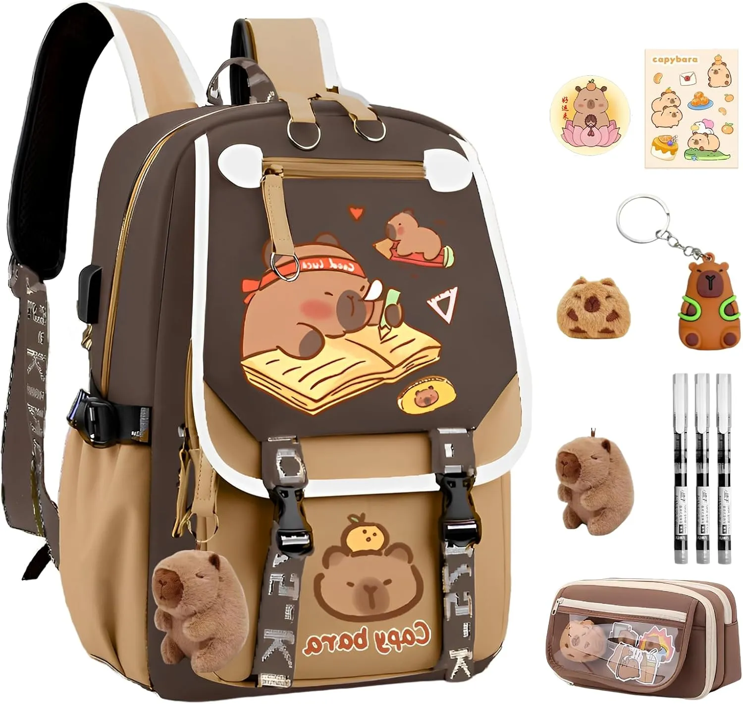 Waterproof Capybara BackpackLarge-capacity Kawaii capybara bag with 11-Piece Accessories (Badges, Pendants, Plush capybara, Stickers and others)
