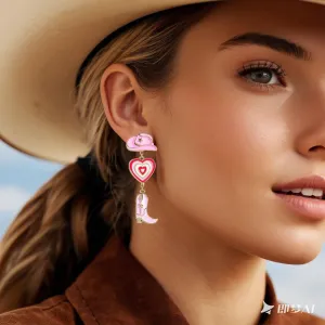 Western Cowgirl Dangle Earrings, Vintage Pink Boot Hat and Heart Design, Durable Hypoallergenic Cowboy Jewelry for Women, Perfect for Casual Outfits, Parties & Rodeo Events