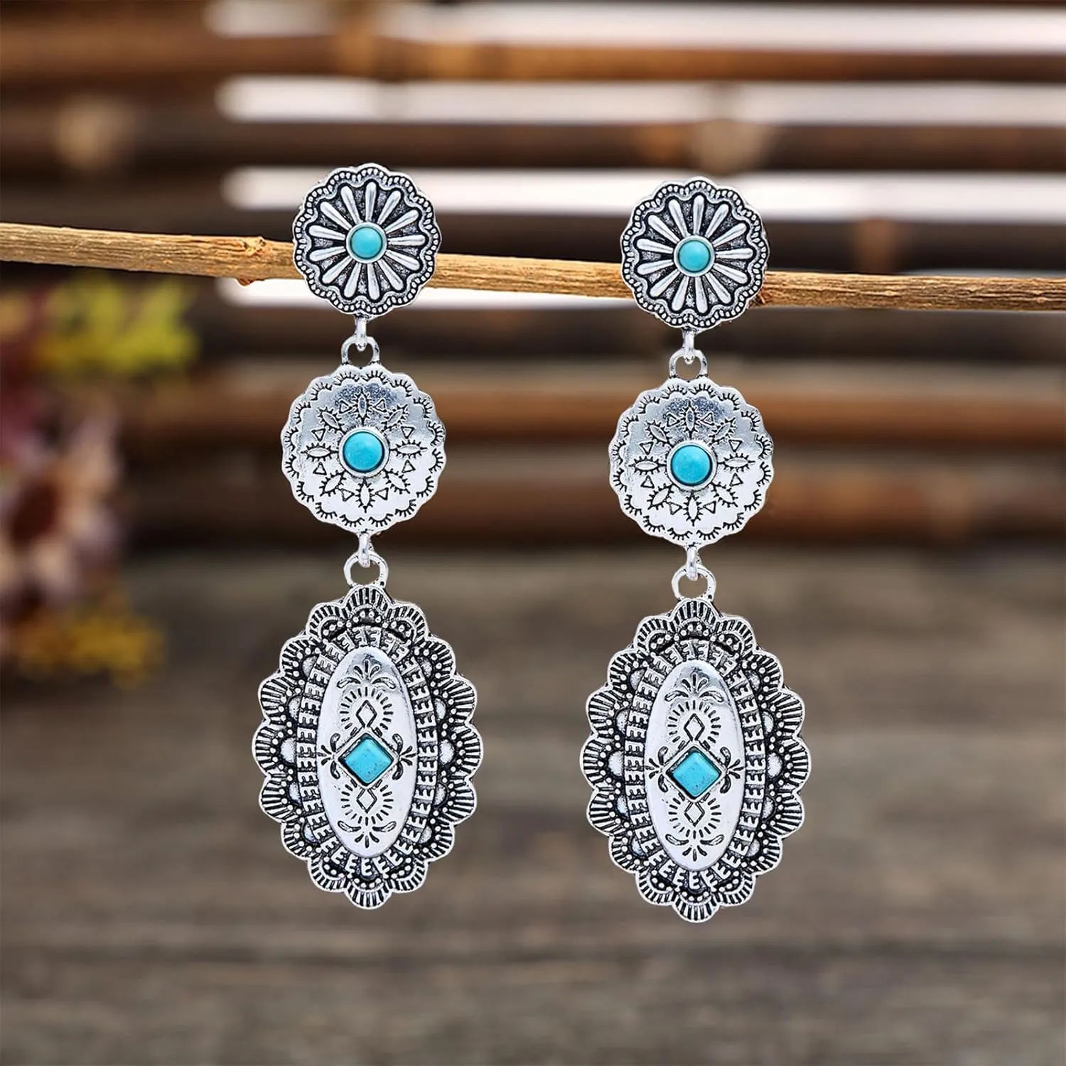 Western Earrings Jewelry for Women Vintage Concho Earrings Oval Turquoise Dangle Earrings Country Concert Outfits Concho Jewelry Gift