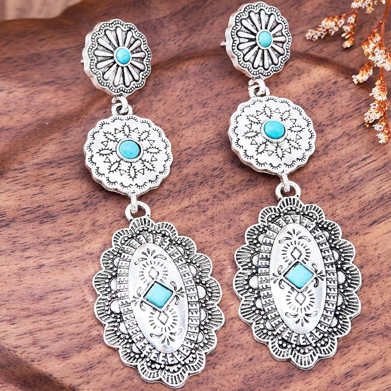 Western Earrings Jewelry for Women Vintage Concho Earrings Oval Turquoise Dangle Earrings Country Concert Outfits Concho Jewelry Gift