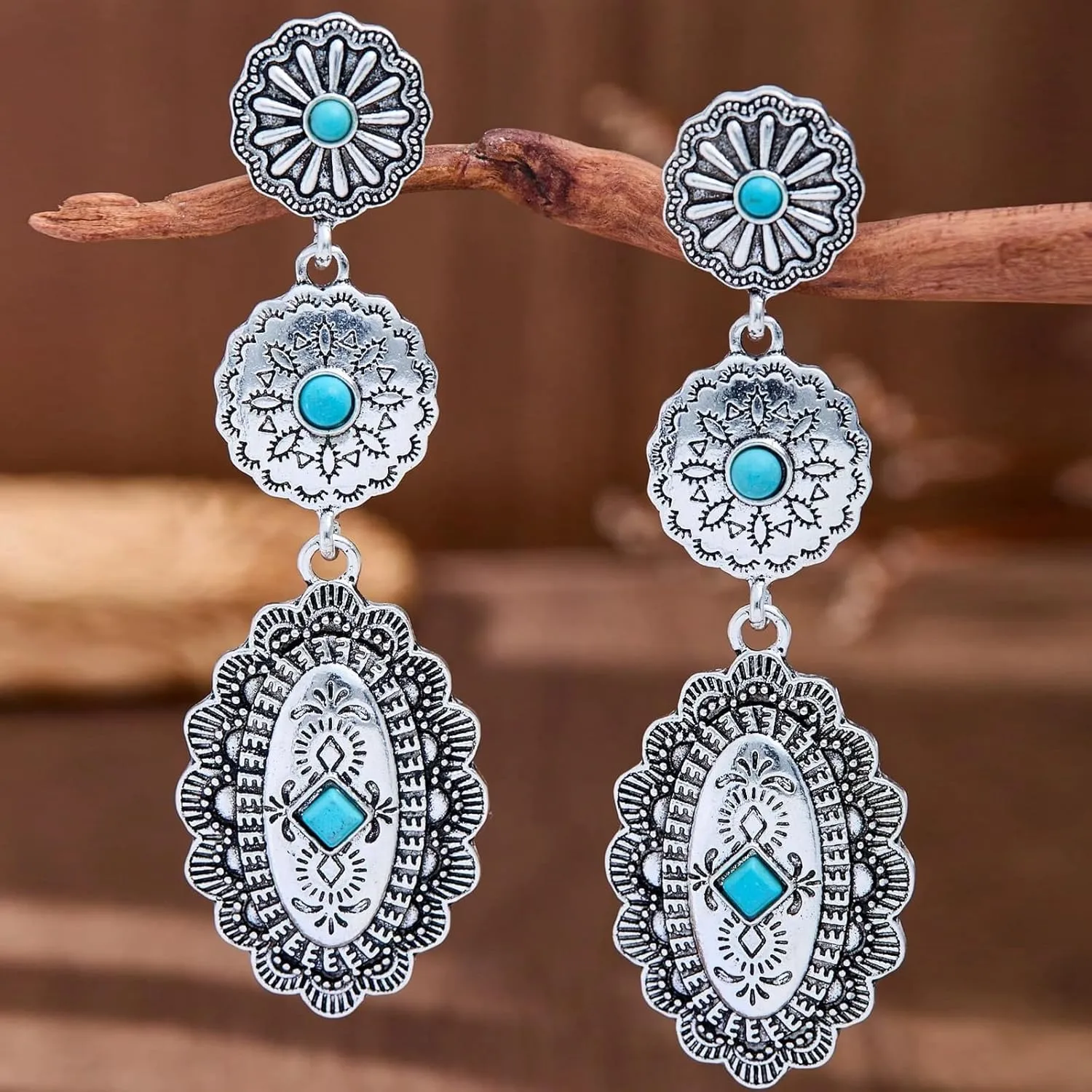 Western Earrings Jewelry for Women Vintage Concho Earrings Oval Turquoise Dangle Earrings Country Concert Outfits Concho Jewelry Gift