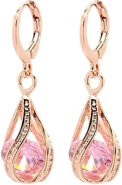Women's Earring with Hollow Design,Women Fashion Cubic Zirconia Water Drop Dangle Leaverback Earrings Jewelry Gift - Pink