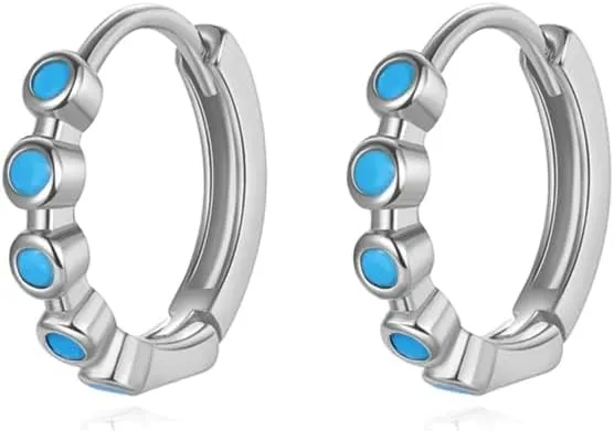 Women's Round Turquoise Hoop Earrings with 14K Gold, Vintage Hypoallergenic Huggies Earrings, December Birthstone Gift