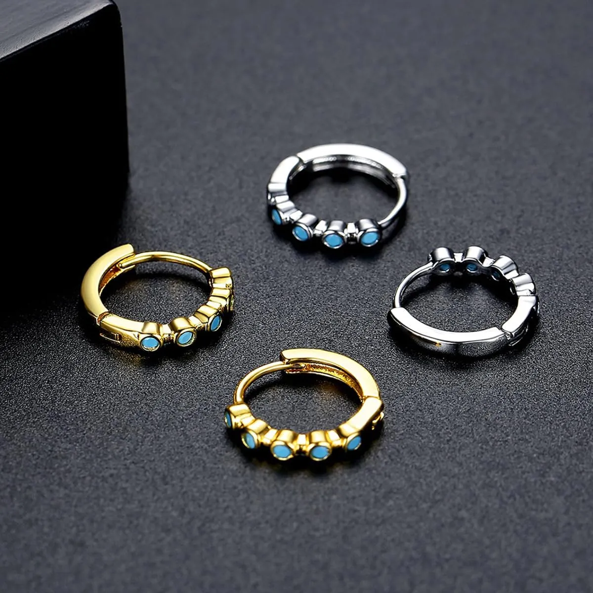 Women's Round Turquoise Hoop Earrings with 14K Gold, Vintage Hypoallergenic Huggies Earrings, December Birthstone Gift