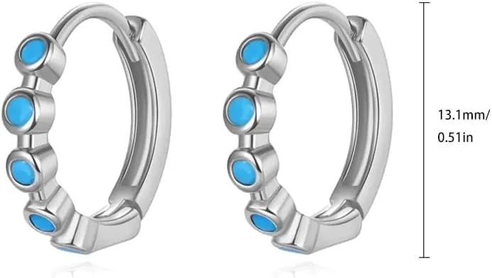 Women's Round Turquoise Hoop Earrings with 14K Gold, Vintage Hypoallergenic Huggies Earrings, December Birthstone Gift