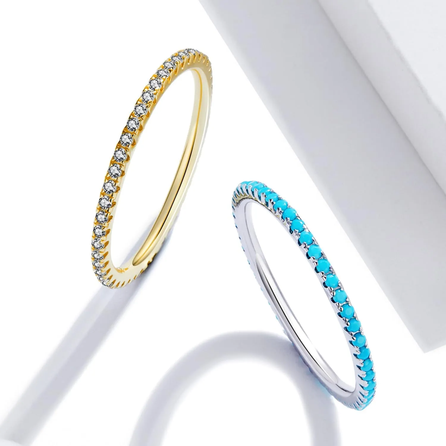 WOSTU 2MM Thin Band Eternity Rings 925 Sterling Silver Black Cubic Zirconia Egagement Rings Wedding Anniversary Stackable Rings Christmas Gifts for Her