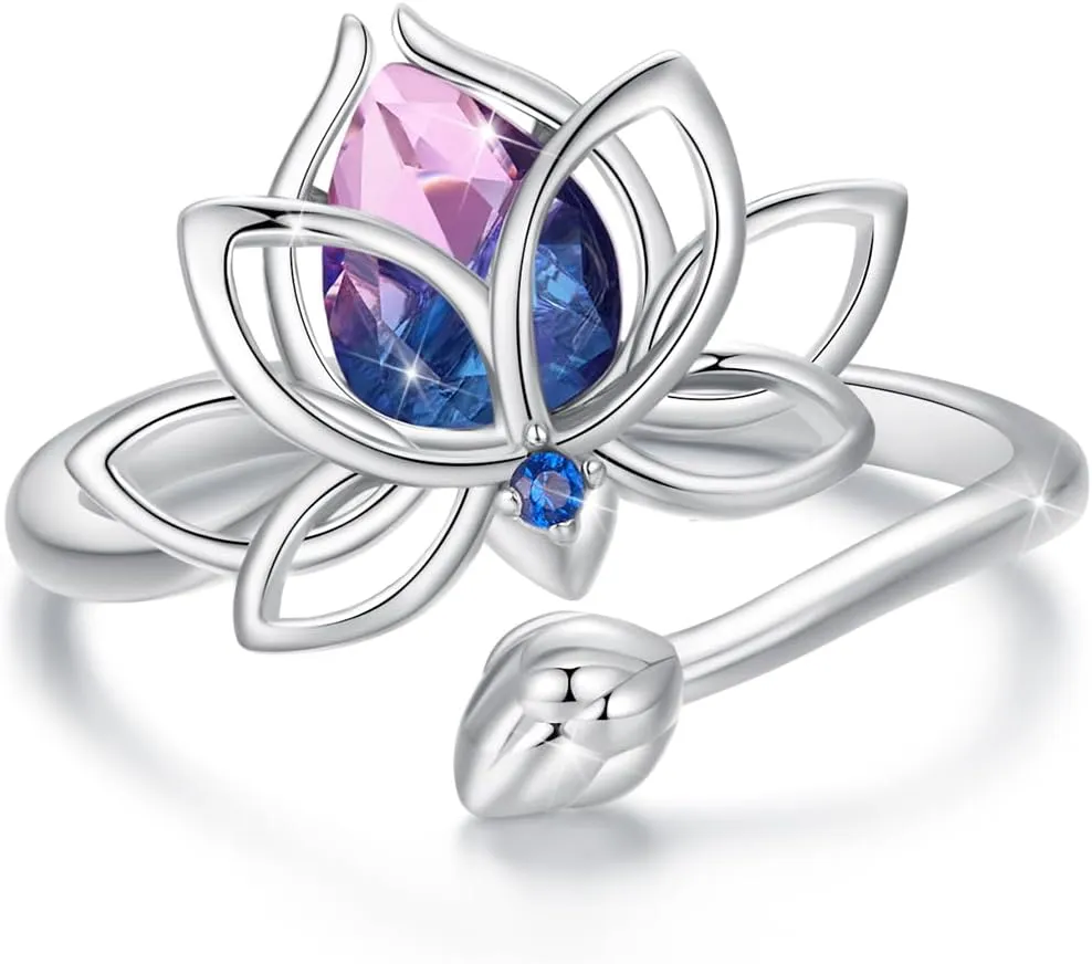 WOSTU Adjustable Flowers Sterling Silver Open Rings Purple Enamel Stackable Rings Cubic Zirconia Ring Promise Ring For Women Jewelry